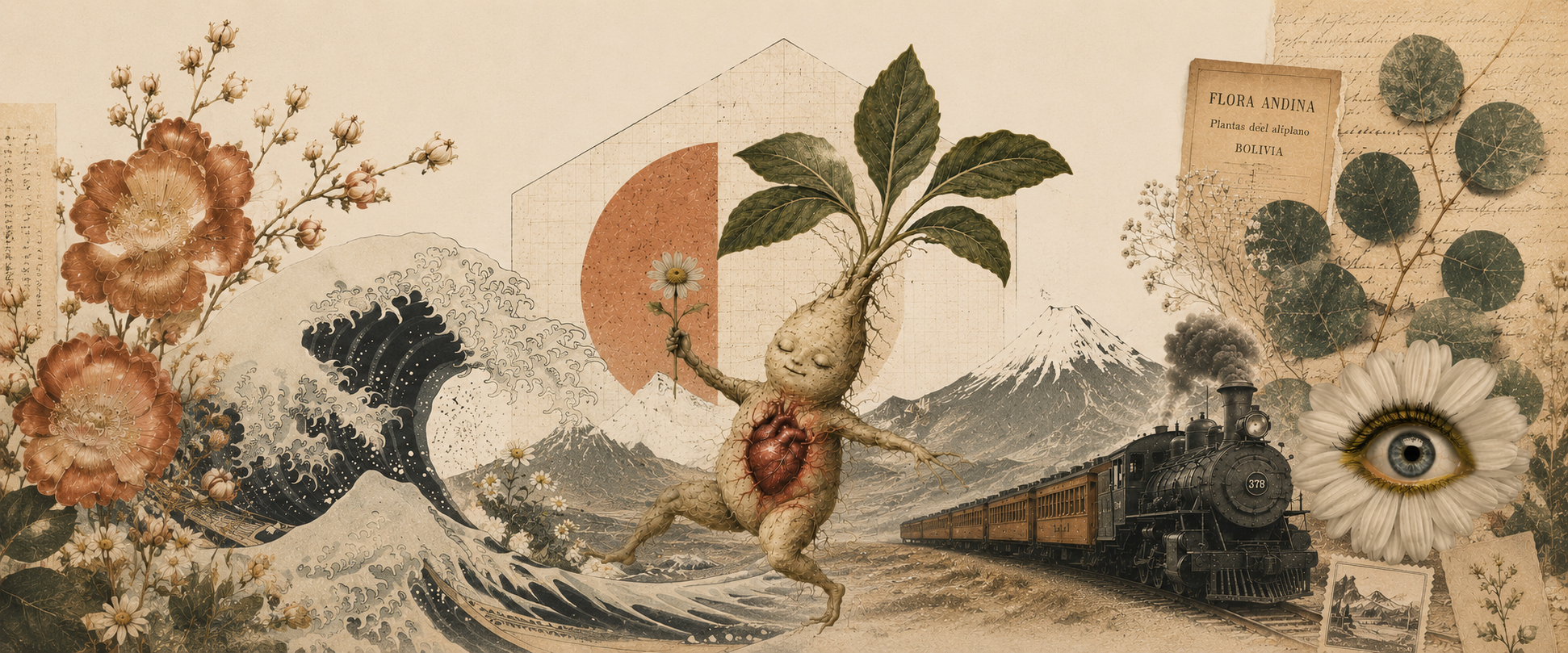 Collage — mandrágora danzante entre la ola, la montaña y el tren